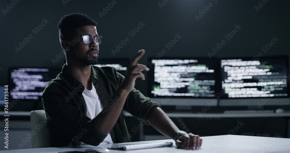 Leinwandbilder Cyber security, virtual screen and man coding software development, cloud computing system or HTML code. Research, developer and coder problem solving, reading or scroll on online database at night