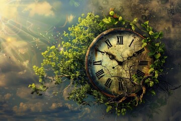 Surreal clock entwined with vibrant greenery against a mystical backdrop, blending time with fantasy - obrazy, fototapety, plakaty