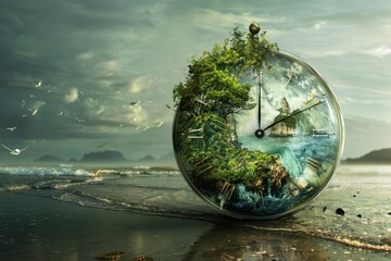 Surreal clock landscape encapsulating the dynamic forces of nature and the passage of time on a coastal setting