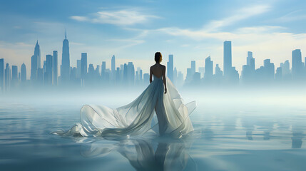Ethereal City Dreamscape with Elegant Woman.

A surreal cityscape with a woman in a flowing gown, perfect for concepts on dreams, aspirations, and fashion 