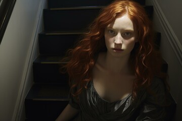 Striking Red hair woman back stairs. Urban outdoor. Generate Ai