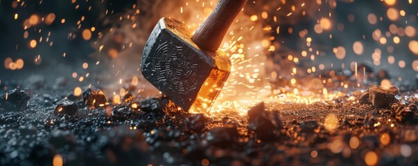 A hammer striking a mythical ore sparks revealing runes on a legendary sword