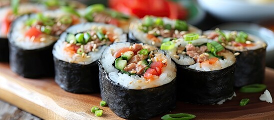 A detailed view of a plate filled with futomaki sushi rolls, containing a blend of fresh vegetables and canned tuna.