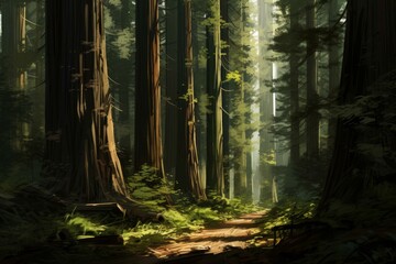 Ancient Redwood forest. Pine nature giant. Generate Ai