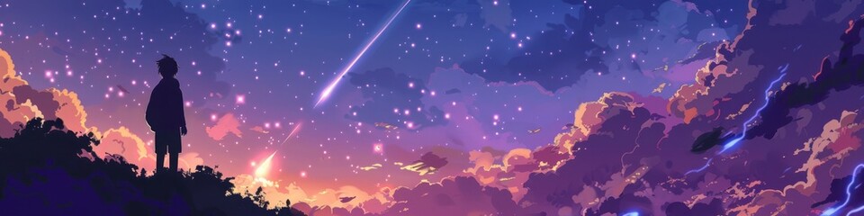 A man atop a hill looking up at a sky densely starred with a glowing meteor tranquil and awe striking