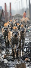 A pack of hyenas scavenging for food in a polluted landfill