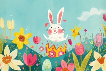 A playful illustration of a bunny popping out of a vibrant Easter egg amidst a field of tulips and daffodils