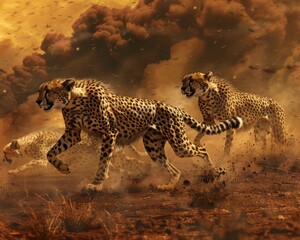 A pride of cheetahs racing through a polluted savannah