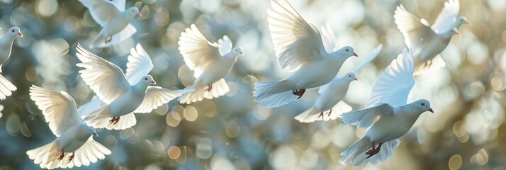 A tranquil scene showcasing a flock of white pigeons in flight - obrazy, fototapety, plakaty