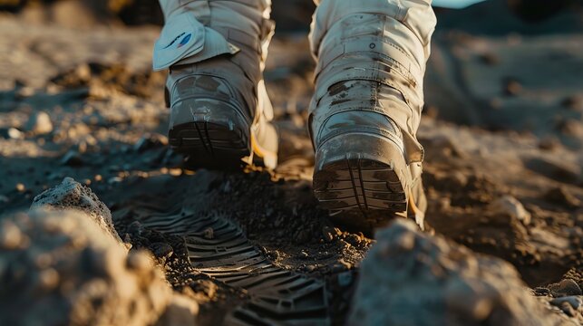 Detailed view of astronaut feet in heavy boots leaving footprints on the moons dusty terrain during a moonwalk