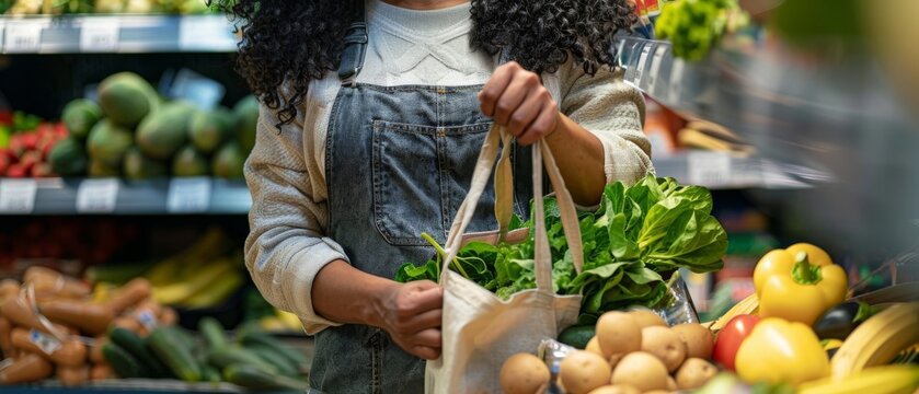 Environmentally conscious cashier packing groceries in a reusable fabric bag