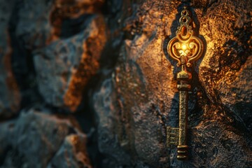 Imagine a golden key that opens a secret door to a mysterious realm - obrazy, fototapety, plakaty