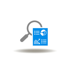Vector illustration of list document with diagram, charts and magnifying glass. Symbol of report finance. Icon of financial data analyze, managing, control.