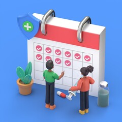Medical Staff take care about People Immunity. Doctor Create Vaccination Schedule. Nurse holding Syringe. Immunization Campaign Concept. Flat Isometric 3D Illustration.
