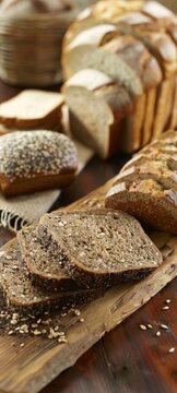 Various whole grain breads artfully displayed on wood Focus on nutritious delicious breakfast meals