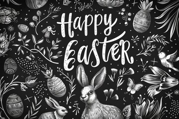 Monochromatic Easter Illustration with Detailed Bunny Drawing and Floral Elements on Black - obrazy, fototapety, plakaty