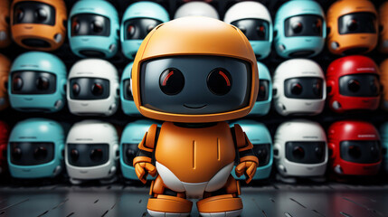 An adorable toy robot with a smiling face stands before a backdrop of helmets