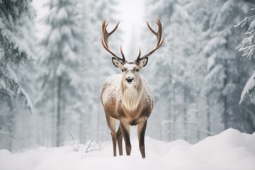 Naklejka na ściany i meble Majestic Reindeer winter forest snow. Deer head. Generate Ai