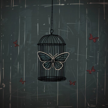 Cage with butterflies, mental freedom artwork