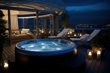 Luxurious Roof relaxing jacuzzi. Travel summer. Generate Ai