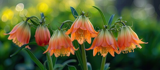 Beautiful Crown Imperial Aurora flowers blooming in the spring, captured up close in a park as they stand among the grass.