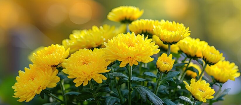 A bunch of vibrant yellow chrysanthemum flowers arranged neatly in a clear glass vase, illuminated by bright natural sunlight.