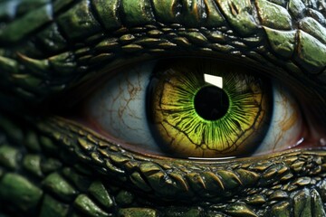 Intricate Reptilian eye closeup colorful. Dinosaur forest. Generate Ai