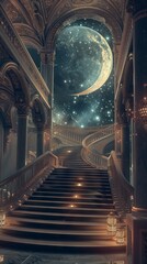 A celestial palace with fantasy crescent moon