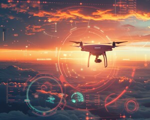 A backdrop of a beautiful sunset sky where a futuristic drone is flying, highlighting a digital infographic-type HUD on the foreground