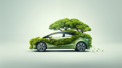 Electric car on green grass, nature and landscape, eco friendly technology. Modern vehicle under tree on green field. Green ev car or leafy grass electric vehicle. Concept of ecological electric car.
