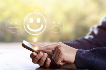 5-star rate review of client, best feedback customer, icon happy smile. concept service of the user...
