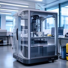 A futuristic 3D printer at work in a high-tech laboratory