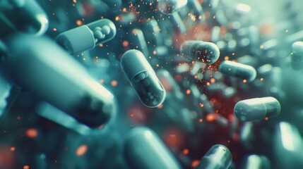 Detailed and futuristic view of pharmaceutical compounds and chemical interactions, medical close-up, vibrant and clear - obrazy, fototapety, plakaty