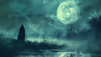 Hydras lurking in a swamp a hero preparing for battle under a full moon
