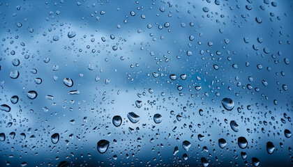Water drops on a glass pane in front of dark rain clouds in blue colors; abstract background; vertical, closeup shot
