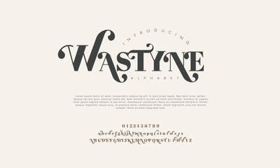 Wastyne premium luxury romadhon alphabet letters and numbers. Elegant wedding typography islamic ramadan serif font decorative vintage retro. Creative vector illustration