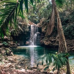 Stumbling upon a hidden waterfall in a secluded tropical paradise - obrazy, fototapety, plakaty