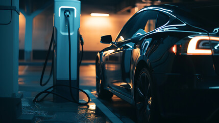 EV car plugged into a charging station, electric transportation powered by electricity. - obrazy, fototapety, plakaty