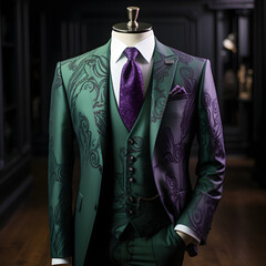 Elegant Men's Formal Suit in Green and Purple with Motifs