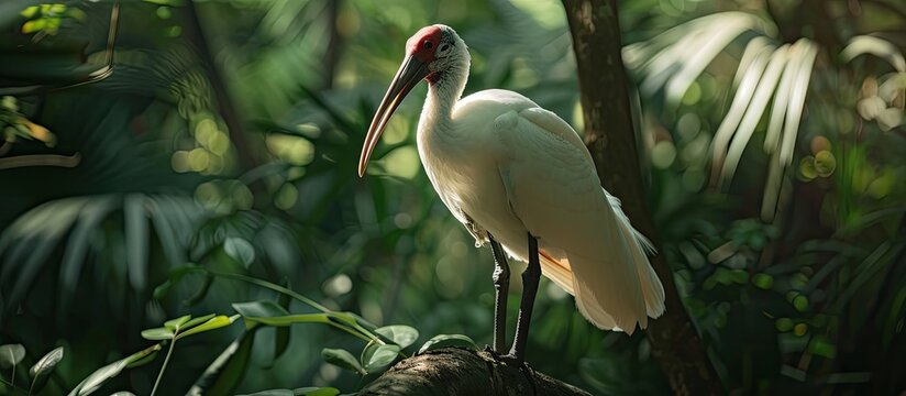 A large white bird, likely an Oriental Ibis, stands proudly on top of a sturdy tree branch. Its elegant feathers are a stark contrast against the green foliage in the background.