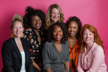 Fototapeta premium A group of professional women of diverse backgrounds posing with bright smiles against a vibrant pink backdrop.