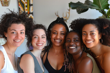 Obraz premium A diverse quintet of friends gather for a cheerful photo, surrounded by lush indoor plants, radiating warmth and friendship