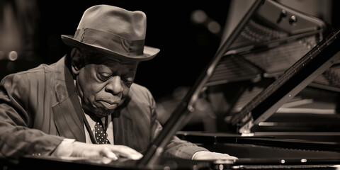 Black and white image of an elderly jazz musician deeply focused on piano