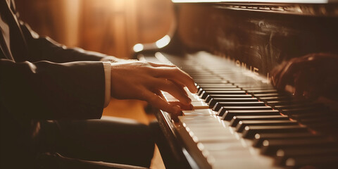 Close-up of hands playing piano keys bathed in warm light - obrazy, fototapety, plakaty