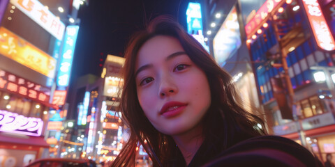 Young Asian woman's selfie with neon-lit cityscape