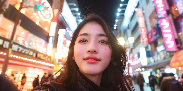 Young Asian woman takes selfie with vibrant city nightlife backdrop