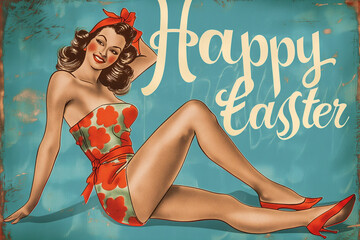 vintage pin up easter postcard with pin up girl, generative AI