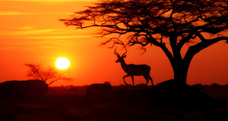 Fototapeta na wymiar antelope walking in an orange sunset under a tree