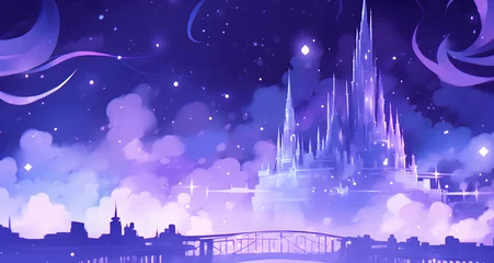 Keuken spatwand met foto a purple city at night time with stars over it © Scarlett