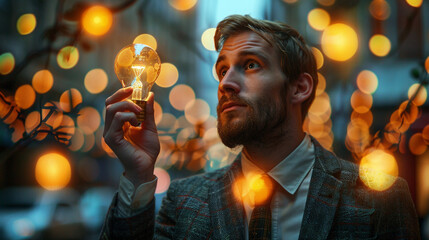 a businessman confidently holding a creative light bulb. How does this symbolize innovation and entrepreneurial spirit in today's fast-paced business world High-resolution photo